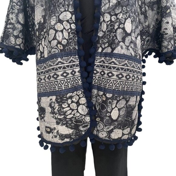 Soft Surroundings L/XL Kimono Jacket Batik Print Boho Chic Pom Pom Trim Festival - Picture 9 of 10
